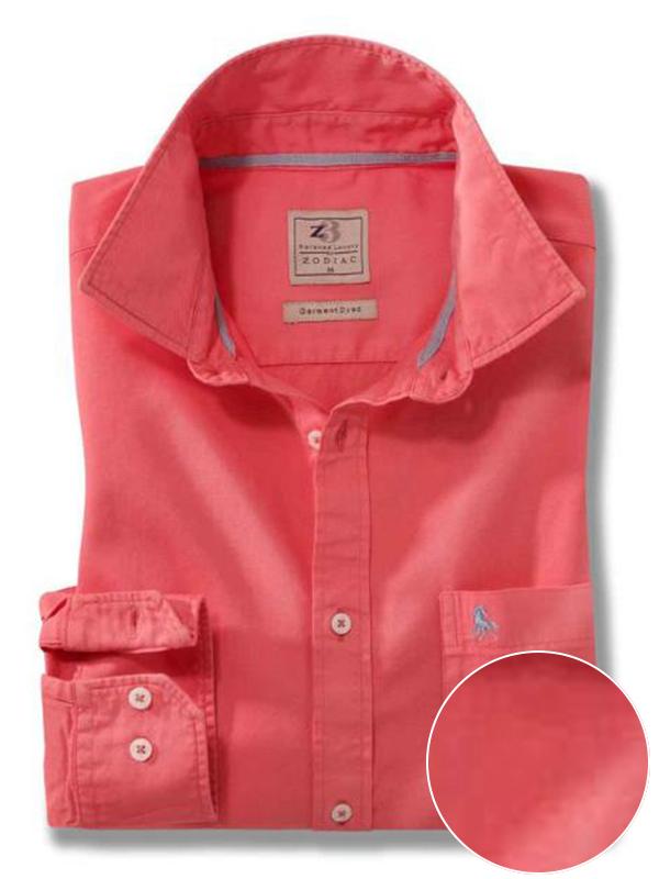 Tottenham Twill Garment Dyed Coral Solid Full Sleeve Tailored Fit Casual Cotton Shirt