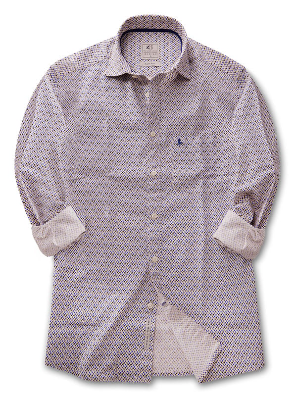 Defoe Cream Printed Full Sleeve Tailored Fit Casual Cotton Shirt