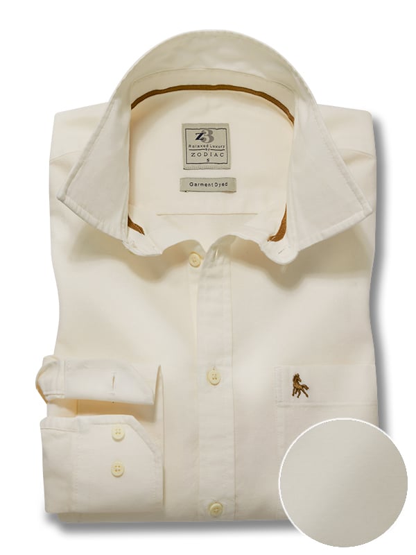 Chania Oxford Garment Dyed Cream Solid Full Sleeve Tailored Fit Casual Cotton Shirt