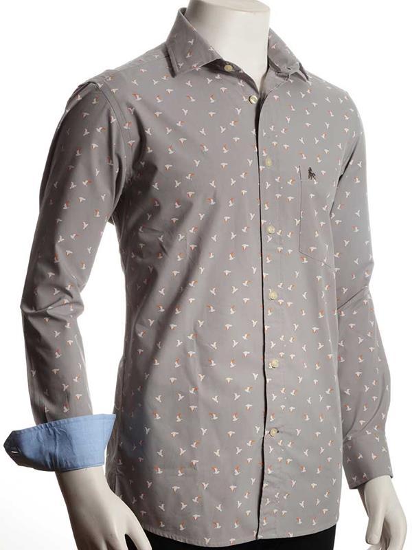 Egret Light Grey Printed Full sleeve single cuff   Cotton Shirt