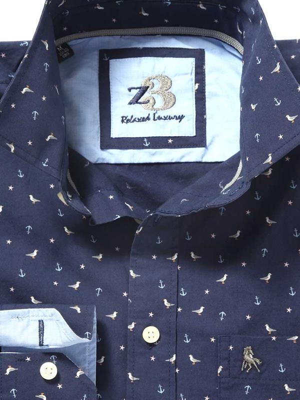 Bird Navy Printed    Cotton Shirt