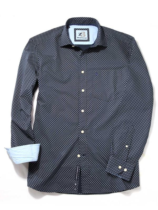 Porter Navy Printed Full sleeve single cuff   Cotton Shirt