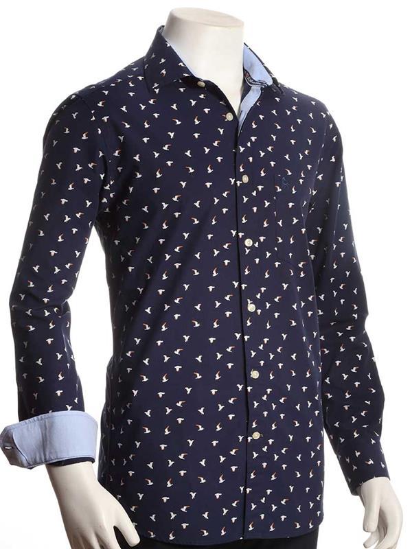 Egret Navy Printed Full sleeve single cuff   Cotton Shirt