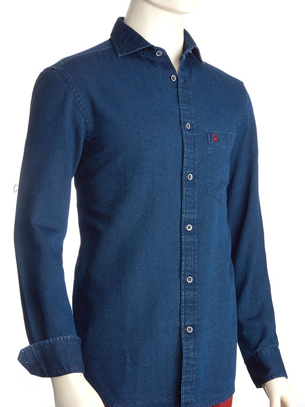 Russel True Indigo Navy Solid Full Sleeve Tailored Fit Casual Cotton Shirt