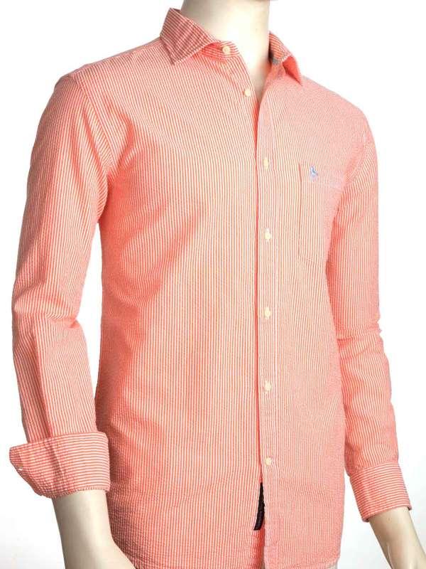Liverpool Orange Striped|Seersucker Full sleeve single cuff   Cotton Shirt