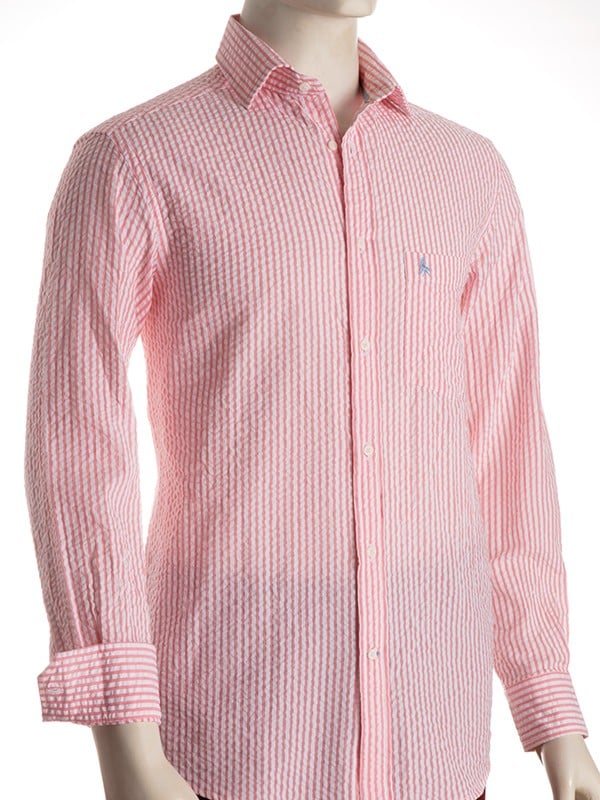 Nairobi Seersucker Pink Striped Full Sleeve Tailored Fit Casual Cotton Shirt