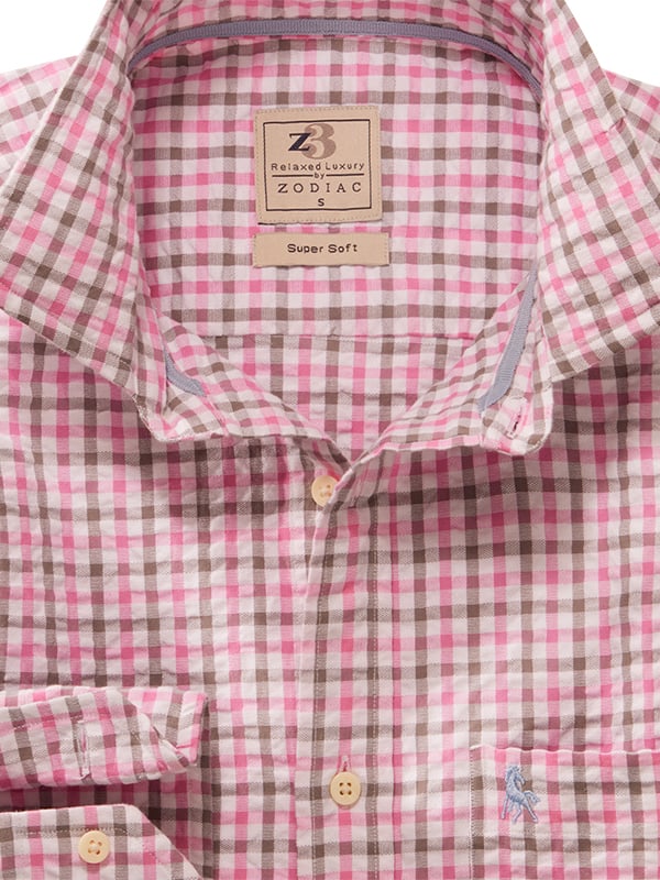 Ronaldo Seersucker Pink Check Full Sleeve Tailored Fit Casual Cotton Shirt