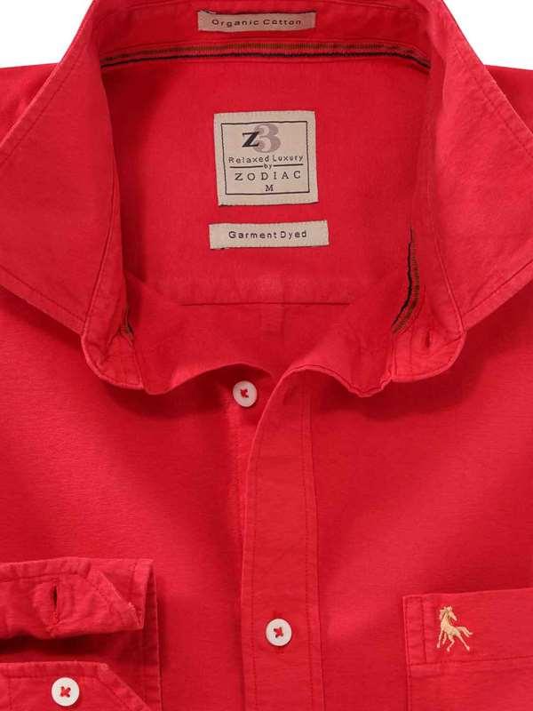 Manchester Oxford Organic Cotton Red Solid Full Sleeve Tailored Fit Casual Shirt
