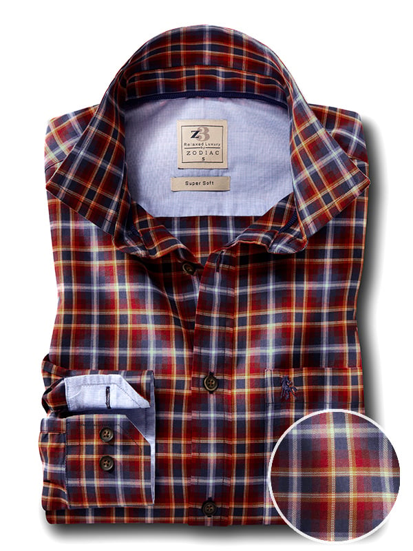 Suarez Twill Red Check Full Sleeve Tailored Fit Casual Cotton Shirt