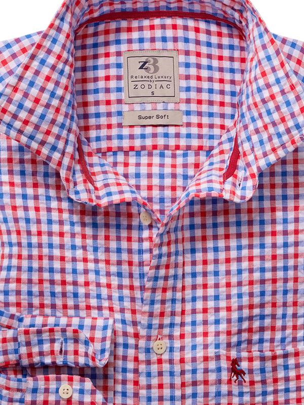 Ronaldo Seersucker Red Check Full Sleeve Tailored Fit Casual Cotton Shirt