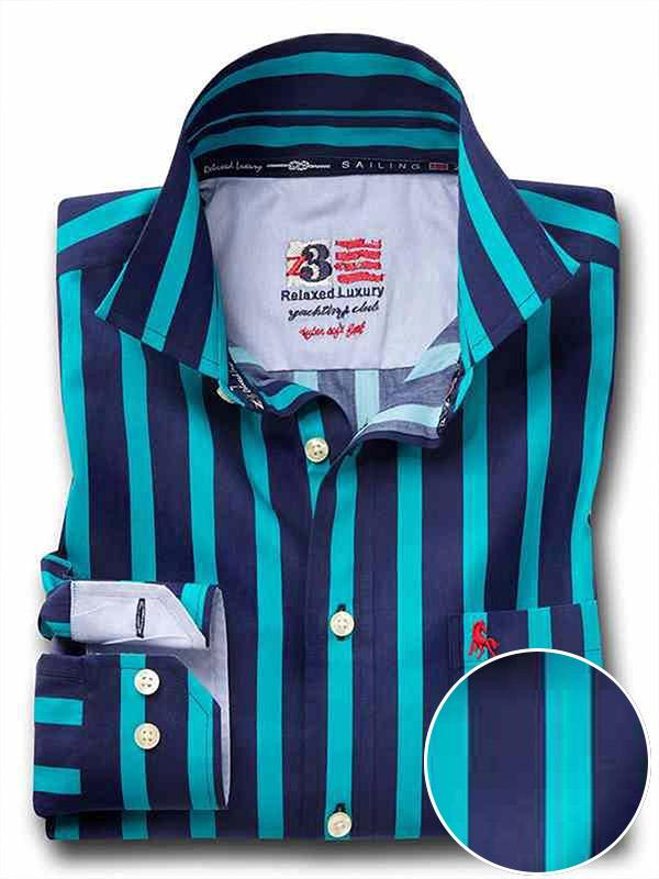Cosmo Teal Striped Full sleeve single cuff   Cotton Shirt