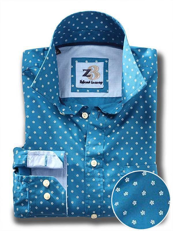 Aguero Turquoise Printed Full sleeve single cuff   Cotton Shirt
