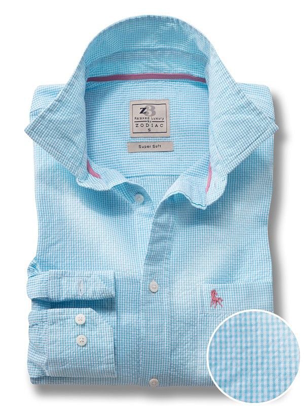 Helsinki Seersucker Turquoise Check Full Sleeve Tailored Fit Casual Cotton Shirt