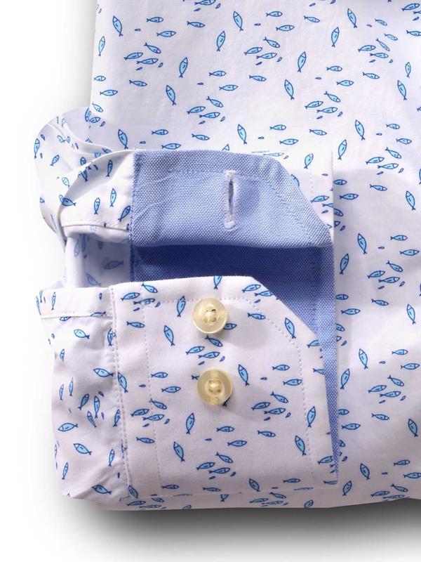 Fishes White Printed Full sleeve single cuff   Cotton Shirt