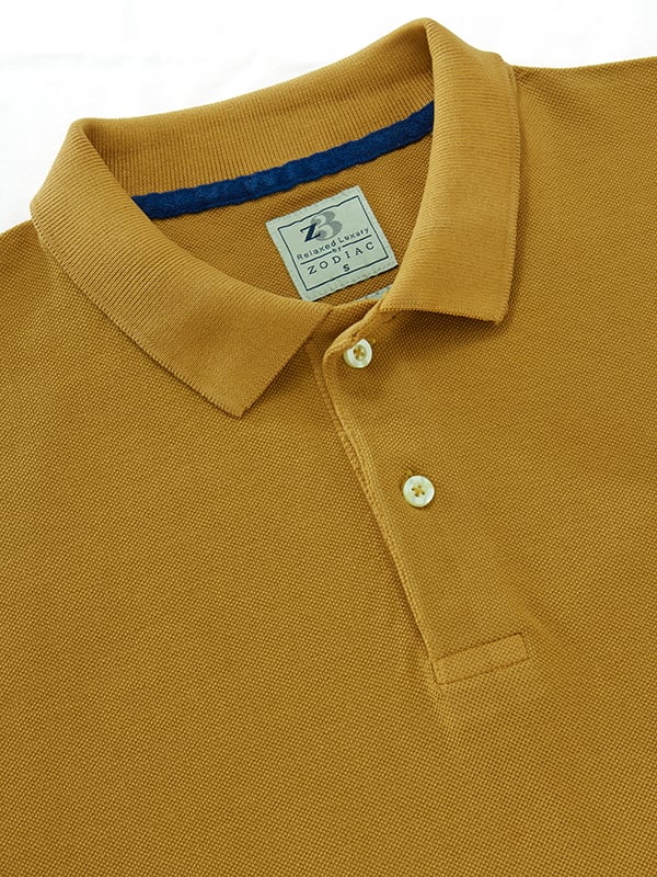 z3 Polo Garment Dyed Ochre Solid Tailored Fit Casual Cotton T-Shirt