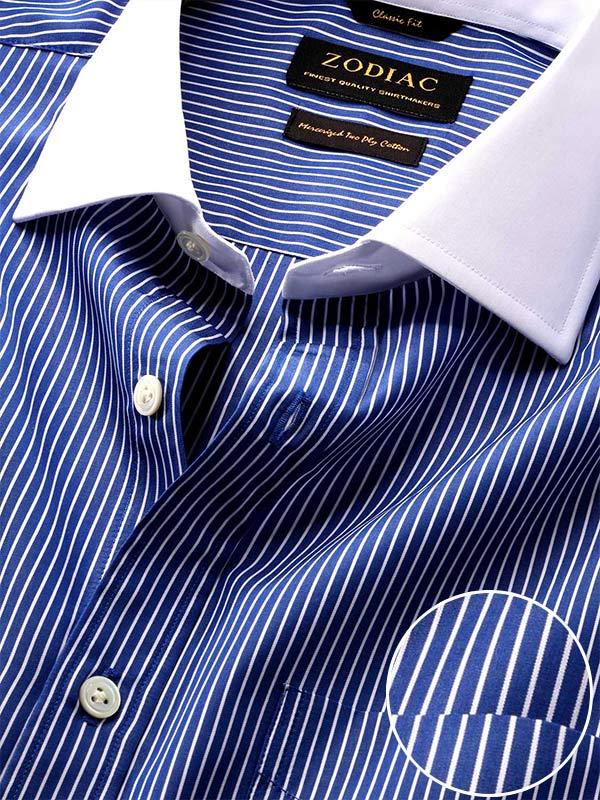 Bankers Navy Striped Full sleeve single cuff Classic Fit Classic Formal Cotton Shirt