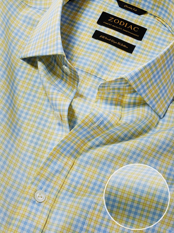 Barboni Yellow Check Half Sleeve Classic Fit Classic Formal Cotton Shirt