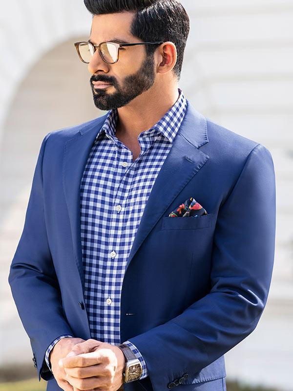 Barboni Blue Check Full sleeve single cuff Tailored Fit Classic Formal Cotton Shirt