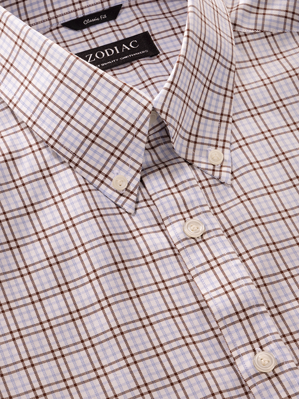 Cascia Brown Check Full Sleeve Single Cuff Classic Fit Classic Formal Cotton Shirt
