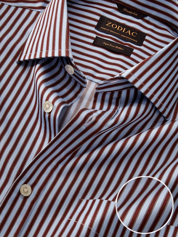 Chianti Brown Striped Full Sleeve Single Cuff Classic Fit Semi Formal Dark Cotton Shirt