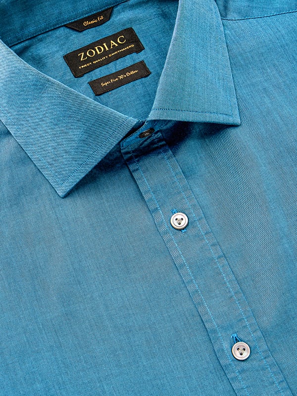 Fine Twill Teal Solid Full Sleeve Single Cuff Classic Fit Semi Formal Dark Cotton Shirt