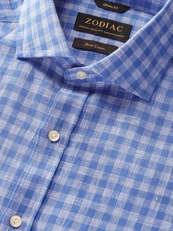 Positano Blue Check Full sleeve single cuff Classic Fit Semi Formal Linen Shirt
