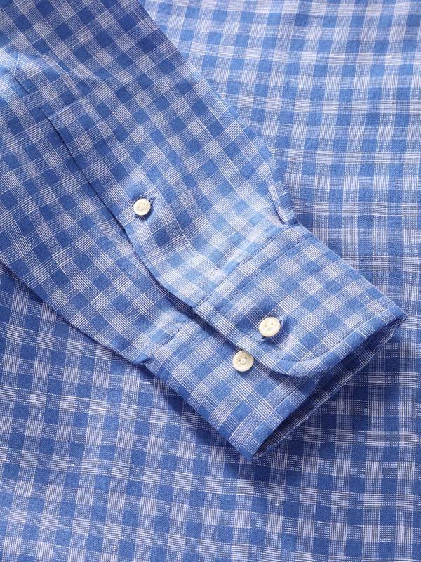Positano Blue Check Full sleeve single cuff Classic Fit Semi Formal Linen Shirt