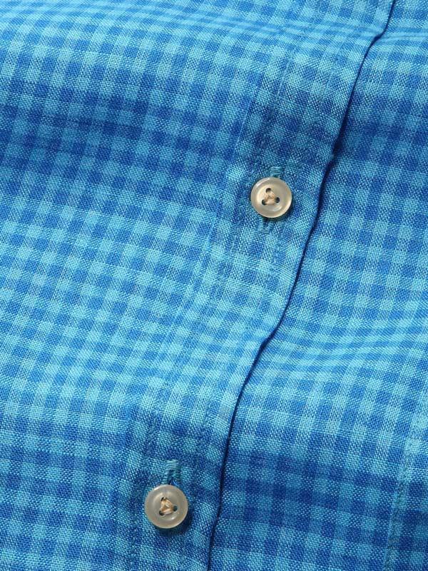 Positano Turquoise Check Full sleeve single cuff Tailored Fit Semi Formal Linen Shirt
