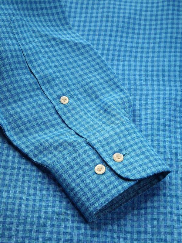 Positano Turquoise Check Full sleeve single cuff Tailored Fit Semi Formal Linen Shirt