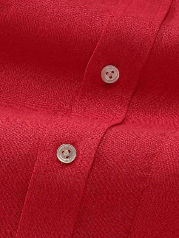 Positano Red Solid Full sleeve single cuff Classic Fit Semi Formal Linen Shirt