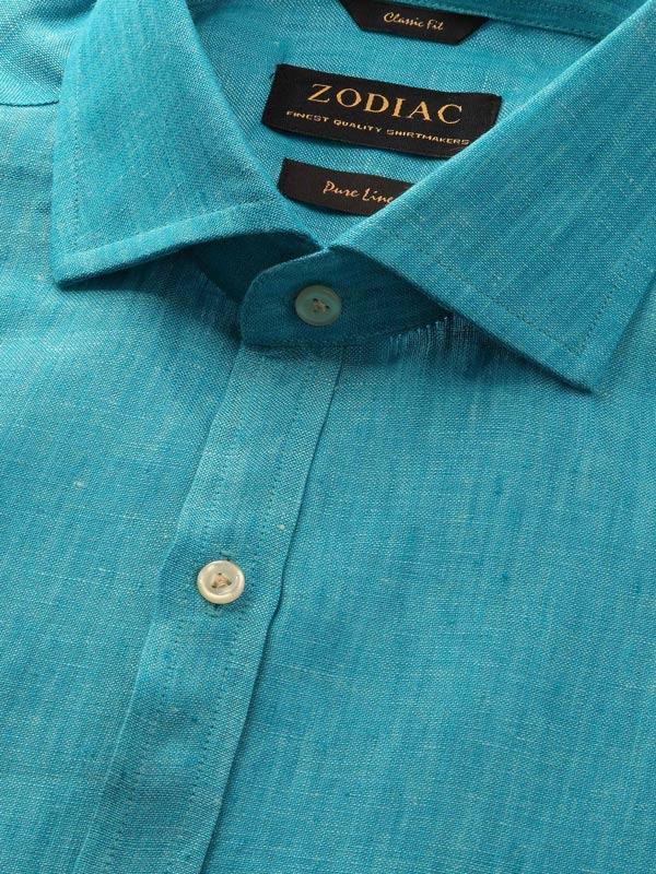 Positano Teal Solid Full sleeve single cuff Classic Fit Semi Formal Linen Shirt