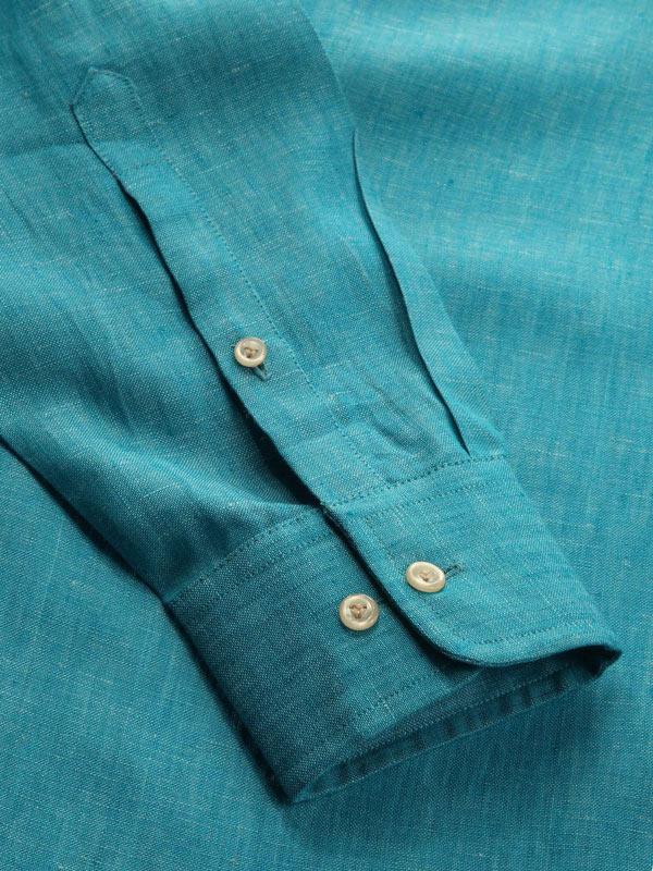 Positano Teal Solid Full sleeve single cuff Tailored Fit Semi Formal Linen Shirt