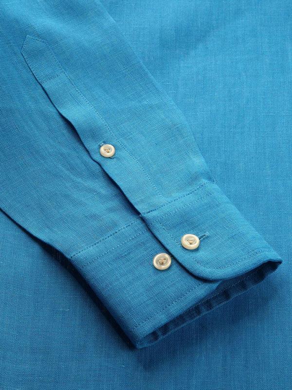 Positano Turquoise Solid Full sleeve single cuff Tailored Fit Semi Formal Linen Shirt