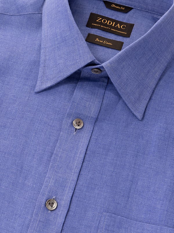 Positano Blue Solid Full Sleeve Single Cuff Classic Fit Semi Formal Linen Shirt