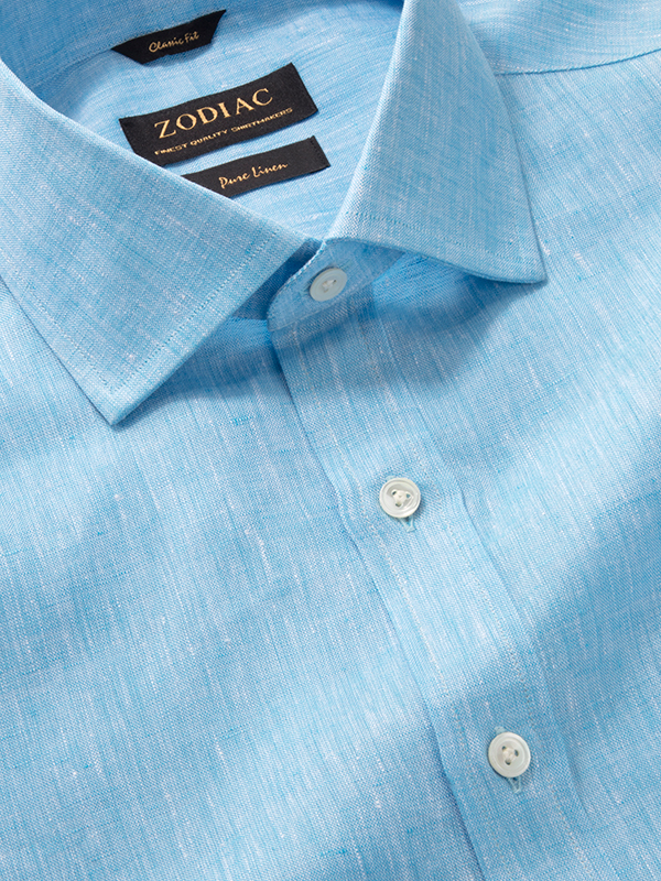 Positano Turquoise Solid Half Sleeve Classic Fit Semi Formal Linen Shirt