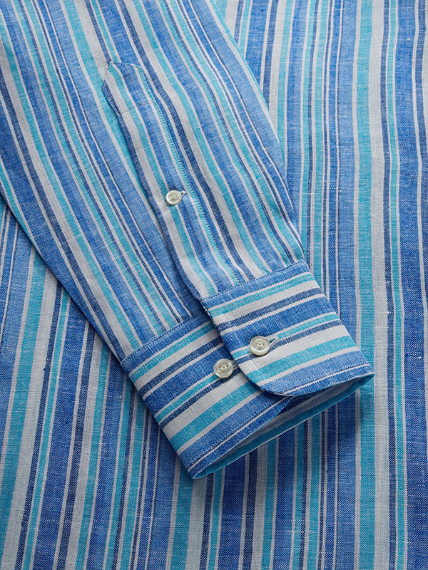 Positano Blue Striped Full Sleeve Single Cuff Classic Fit Semi Formal Linen Shirt
