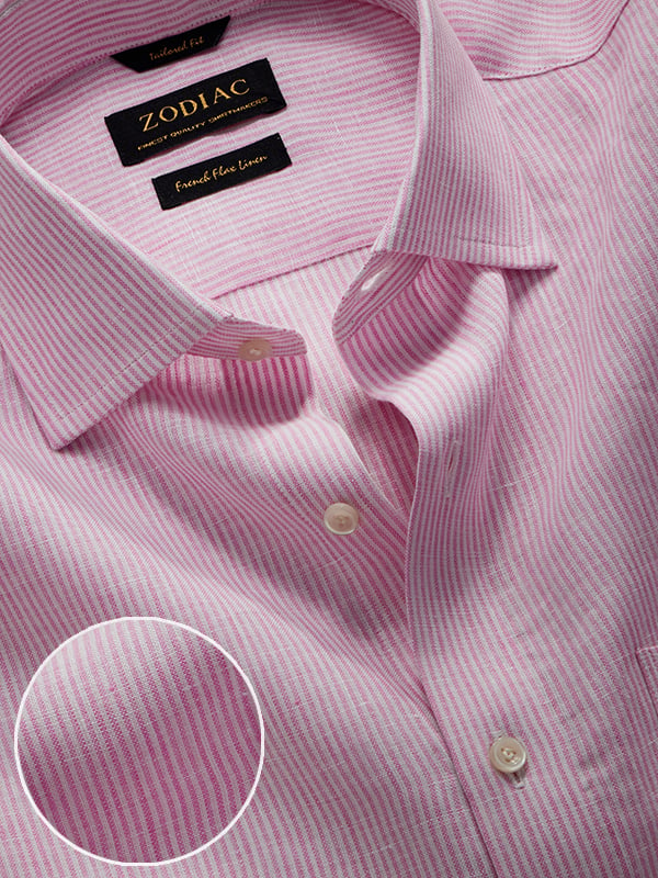 Positano Pink Striped Full Sleeve Single Cuff Tailored Fit Semi Formal Linen Shirt