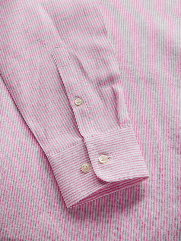 Positano Pink Striped Full Sleeve Single Cuff Tailored Fit Semi Formal Linen Shirt