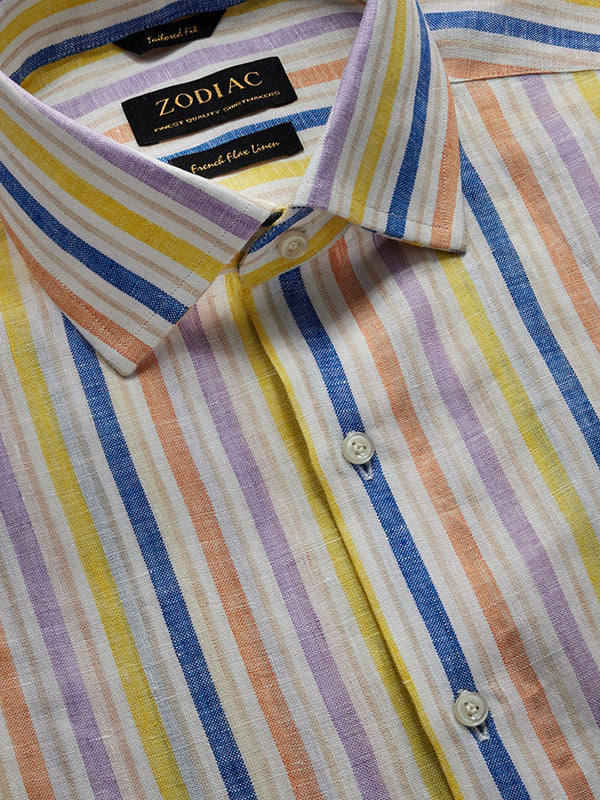 Positano Lilac Striped Full Sleeve Single Cuff Tailored Fit Semi Formal Linen Shirt