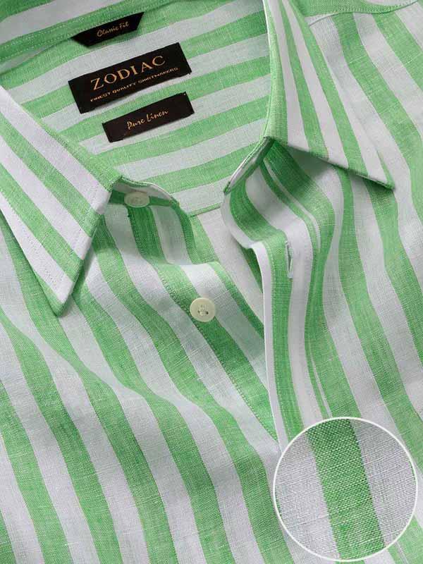 Positano Green Striped Full sleeve single cuff Classic Fit Semi Formal Linen Shirt