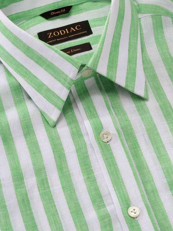 Positano Green Striped Full sleeve single cuff Classic Fit Semi Formal Linen Shirt