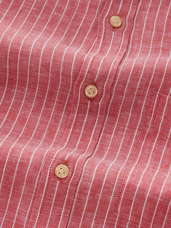 Positano Red Striped Full Sleeve Single Cuff Classic Fit Semi Formal Linen Shirt