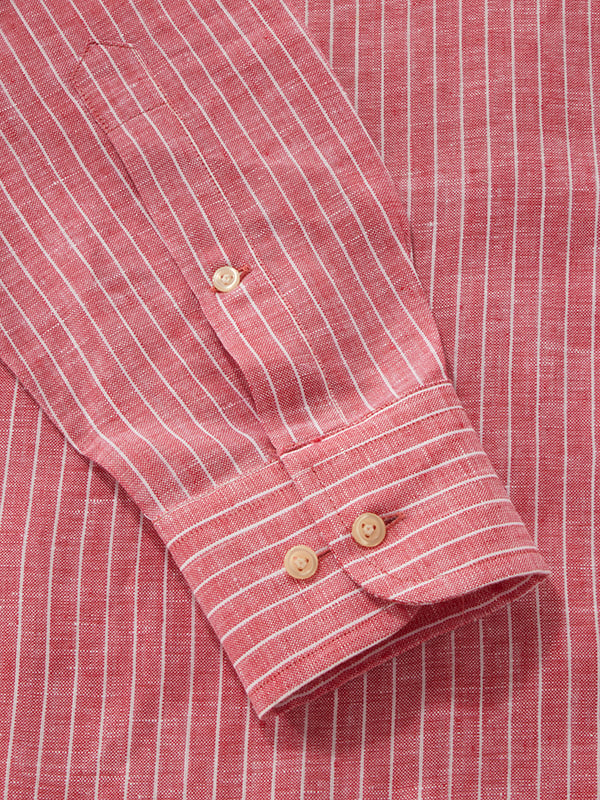 Positano Red Striped Full Sleeve Single Cuff Classic Fit Semi Formal Linen Shirt