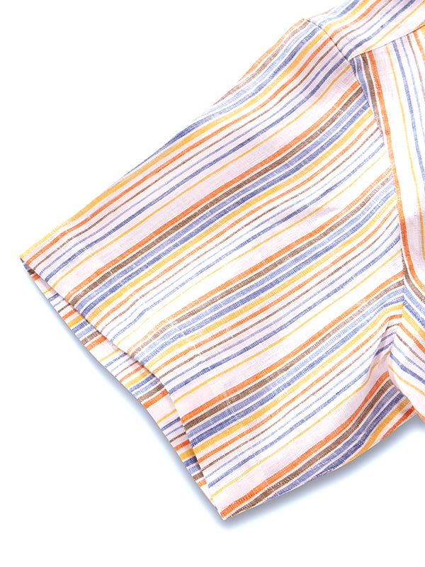 Positano Orange Striped Half Sleeve Classic Fit Semi Formal Linen Shirt