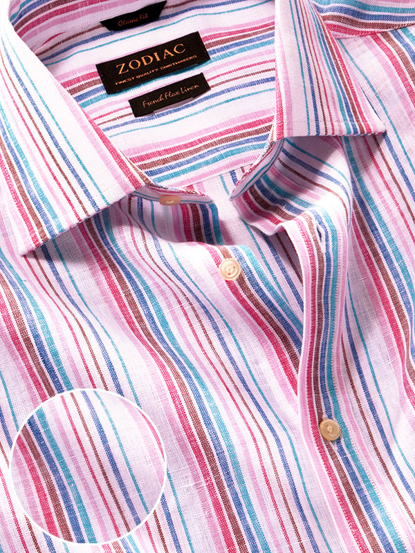 Positano Pink Striped Half Sleeve Classic Fit Semi Formal Linen Shirt