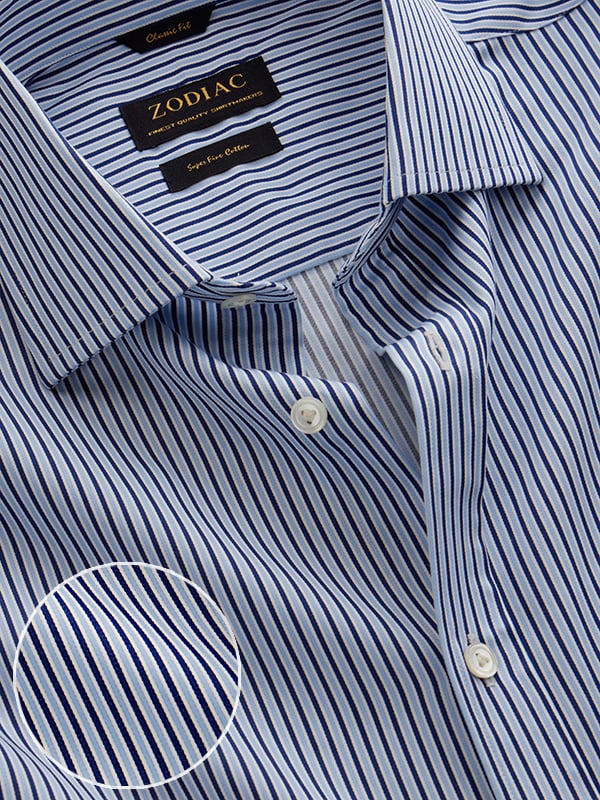 Marchetti Navy Striped Full Sleeve Single Cuff Classic Fit Semi Formal Cotton Shirt