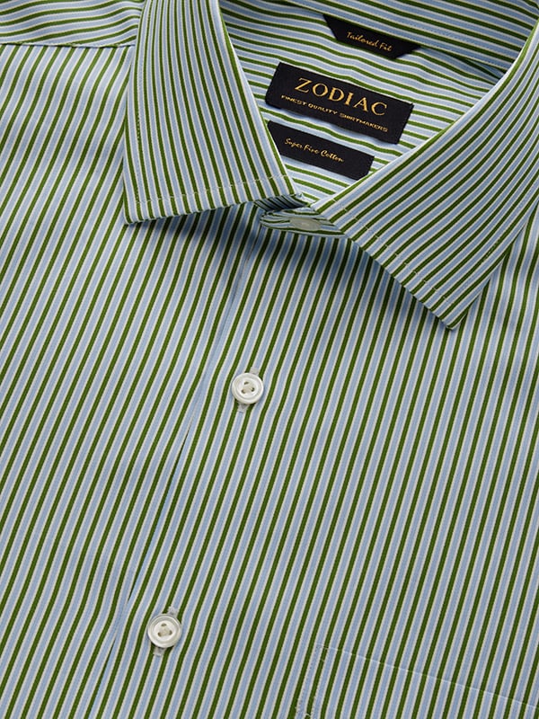 Marchetti Green Striped Full Sleeve Single Cuff Tailored Fit Semi Formal Cotton Shirt