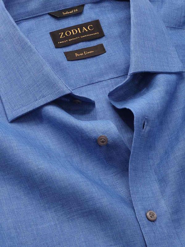 Praiano Blue Solid Full sleeve single cuff Classic Fit Semi Formal Cut away collar Linen Shirt