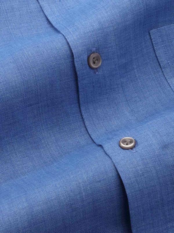 Praiano Blue Solid Full sleeve single cuff Classic Fit Semi Formal Cut away collar Linen Shirt