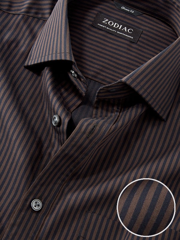 Savuto Brown Striped Full Sleeve Single Cuff Classic Fit Semi Formal Dark Cotton Shirt